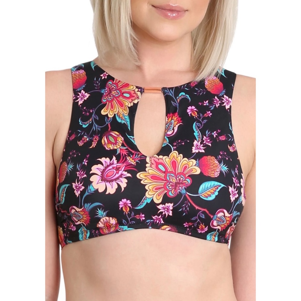 Nanette Lepore Floral High Neck Swim Top with Front Cutout and Lace Up Back Sz 8